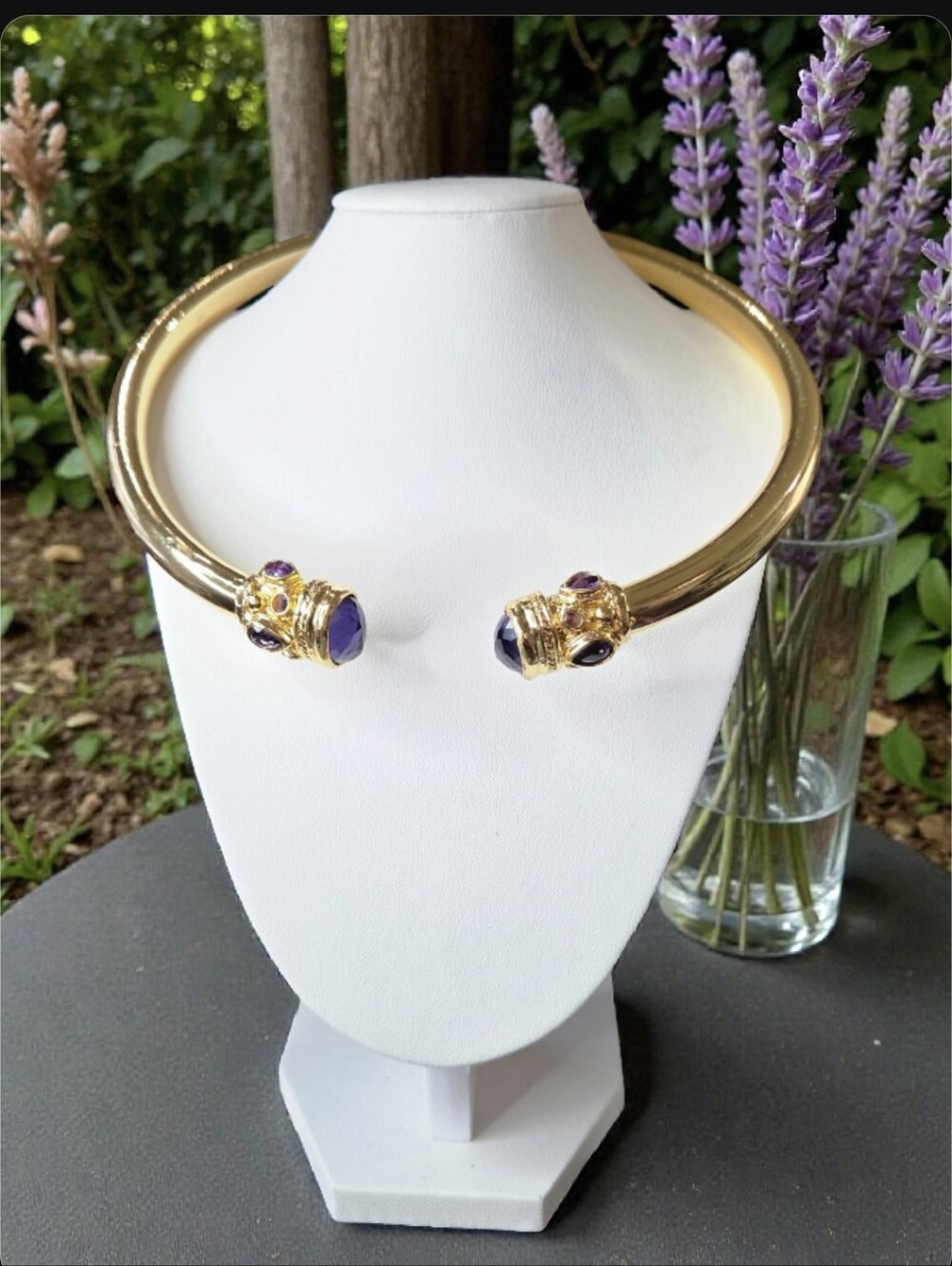 18k Gold Plated Byzantine Amethyst Crystal Designer Chunky Torque Necklace